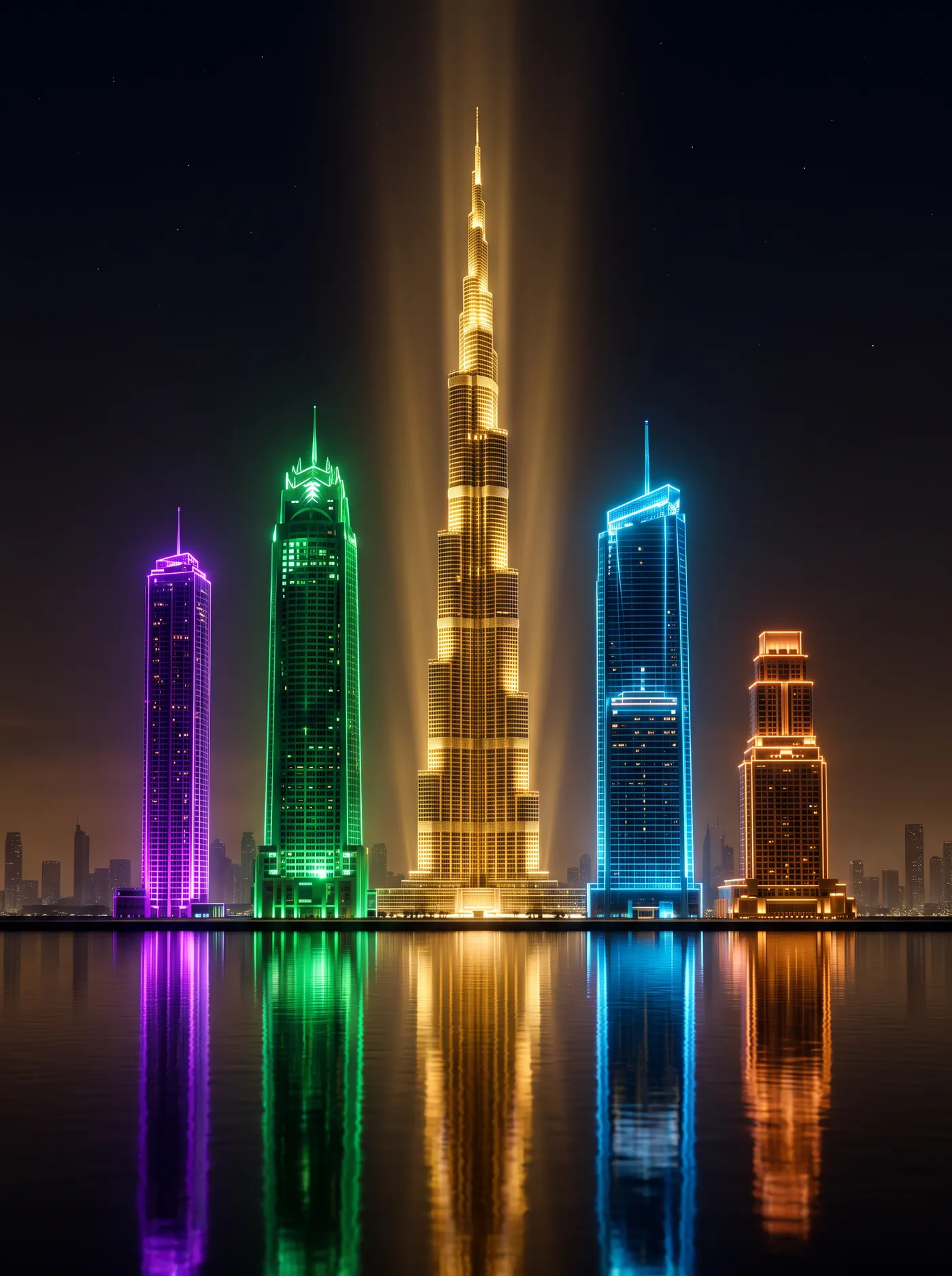 Five neon skyscrapers over dark water β the top five listings as the Habibid skyline